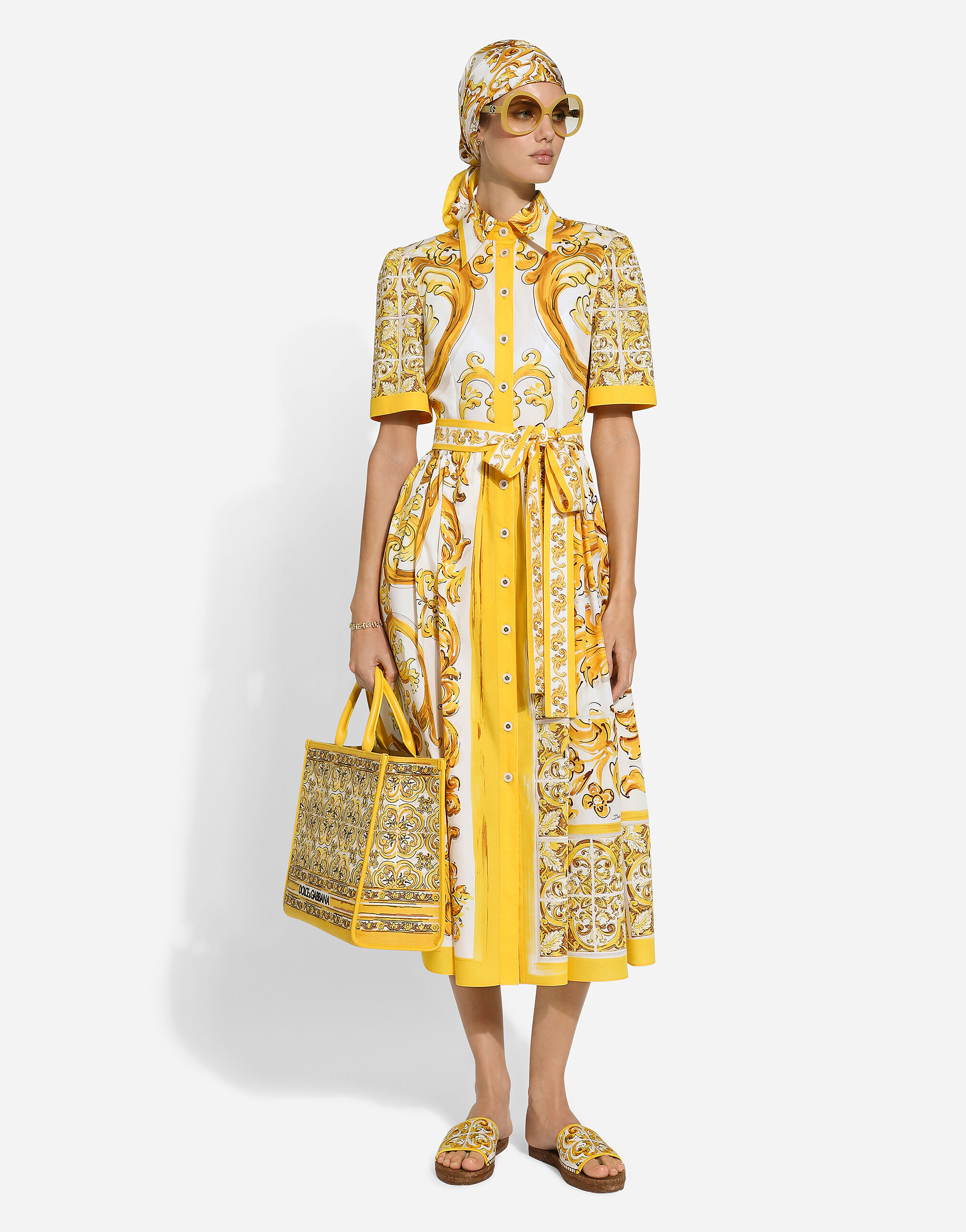 Cotton poplin midi shirt dress with majolica print in Print for Women Dolce Gabbana