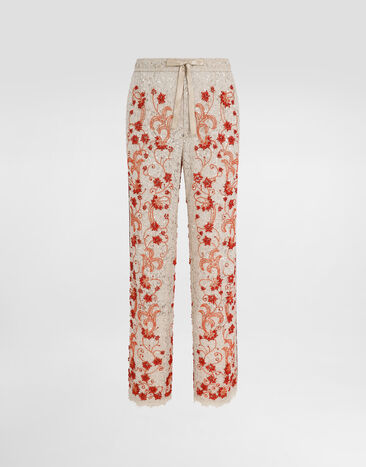 Dolce & Gabbana Lace pants with coral and rhinestone embroidery Beige GVRMAZHLM40
