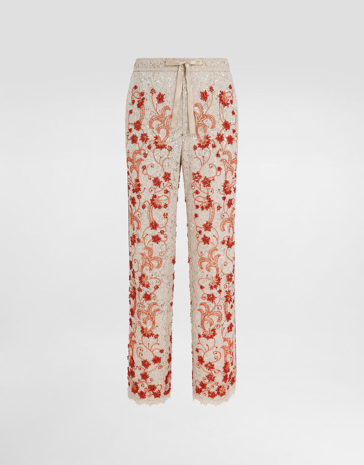 Dolce & Gabbana Lace pants with coral and rhinestone embroidery Beige GVRMAZHLM40