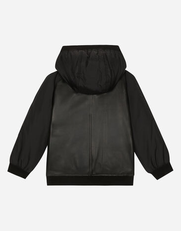 Dolce & Gabbana Hooded bomber jacket in leather and nylon with logo patch Black L42B03G7VYF