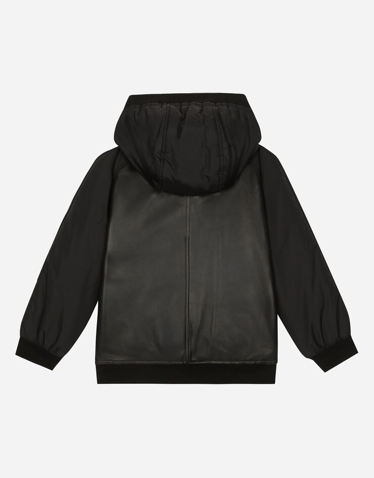 Dolce & Gabbana ボンバージャケット フード レザー＆ナイロン ロゴパッチ ブラック L42B03G7VYF