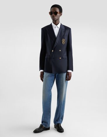 Dolce & Gabbana Double-breasted wool jacket with patch Blue G2TJ8ZFUBFA
