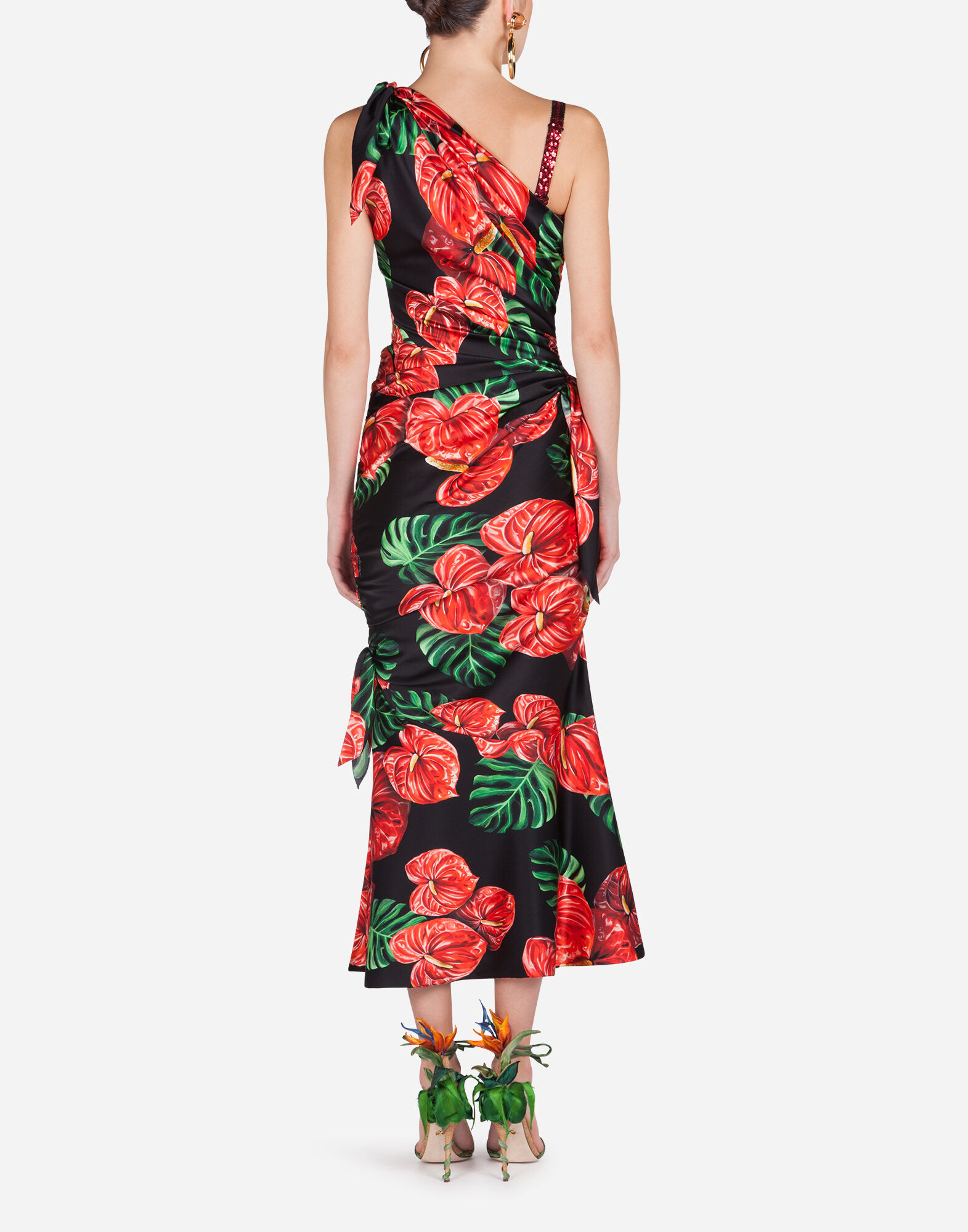 ONE-SHOULDER LONGUETTE DRESS IN CHARMEUSE WITH LACELEAF PRINT