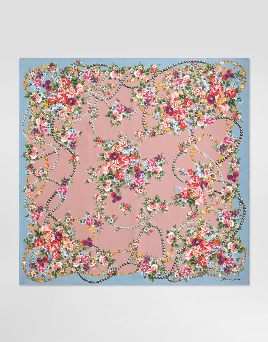 Small flower bouquets-print silk twill scarf 90x90