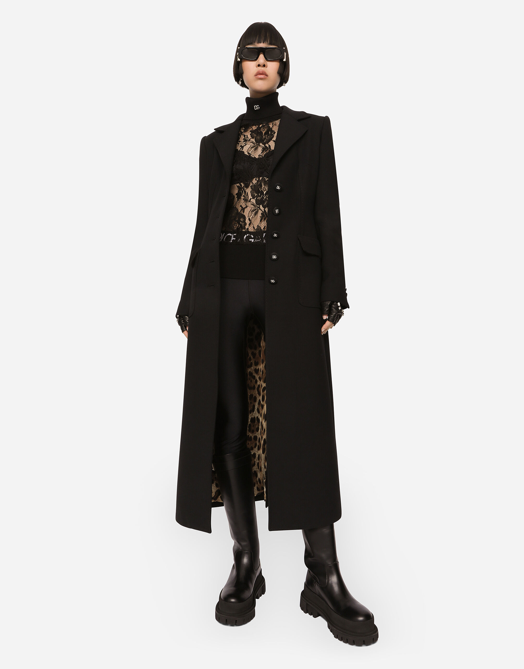 ブラックのウィメンズ シングルブレストコート ダブルクレープ