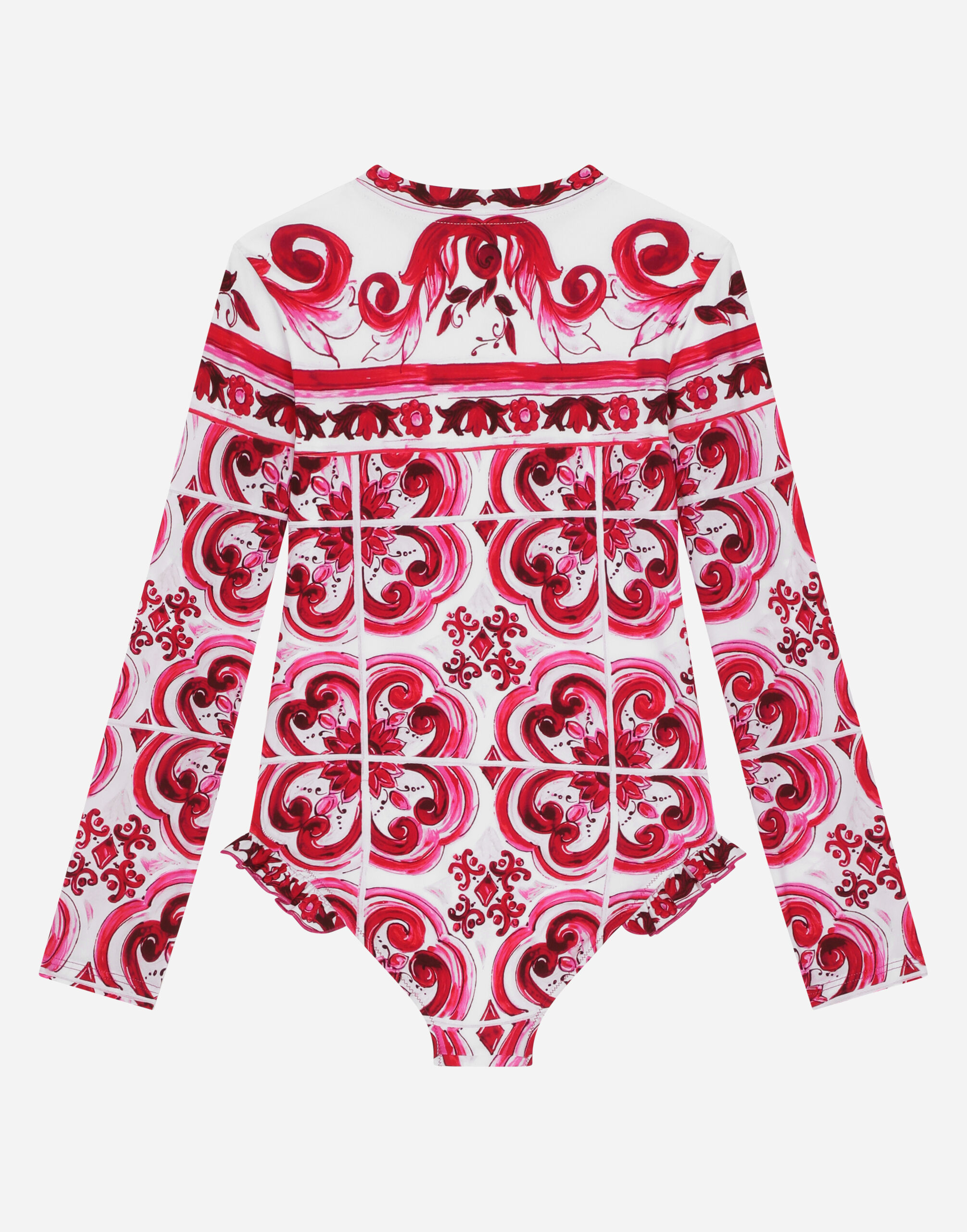Long sleeved majolica print one piece swimsuit in Multicolor for Girls Dolce Gabbana US