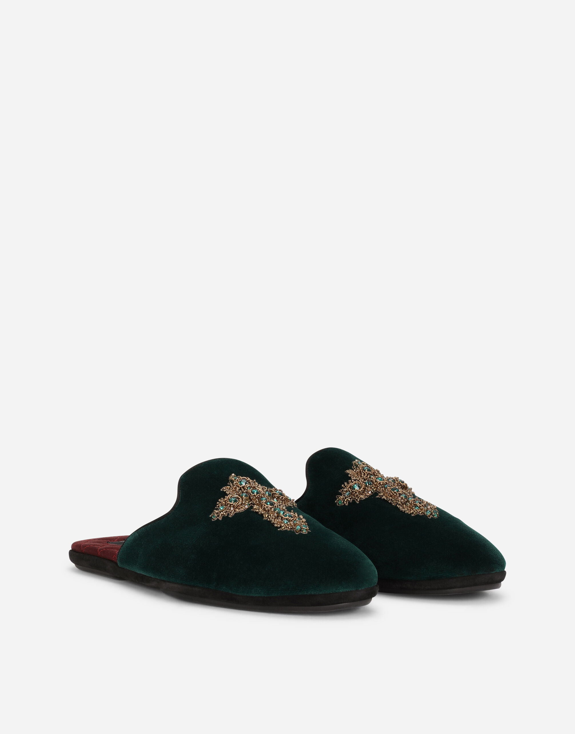 Velvet slippers with cross embroidery in GREEN for for Men