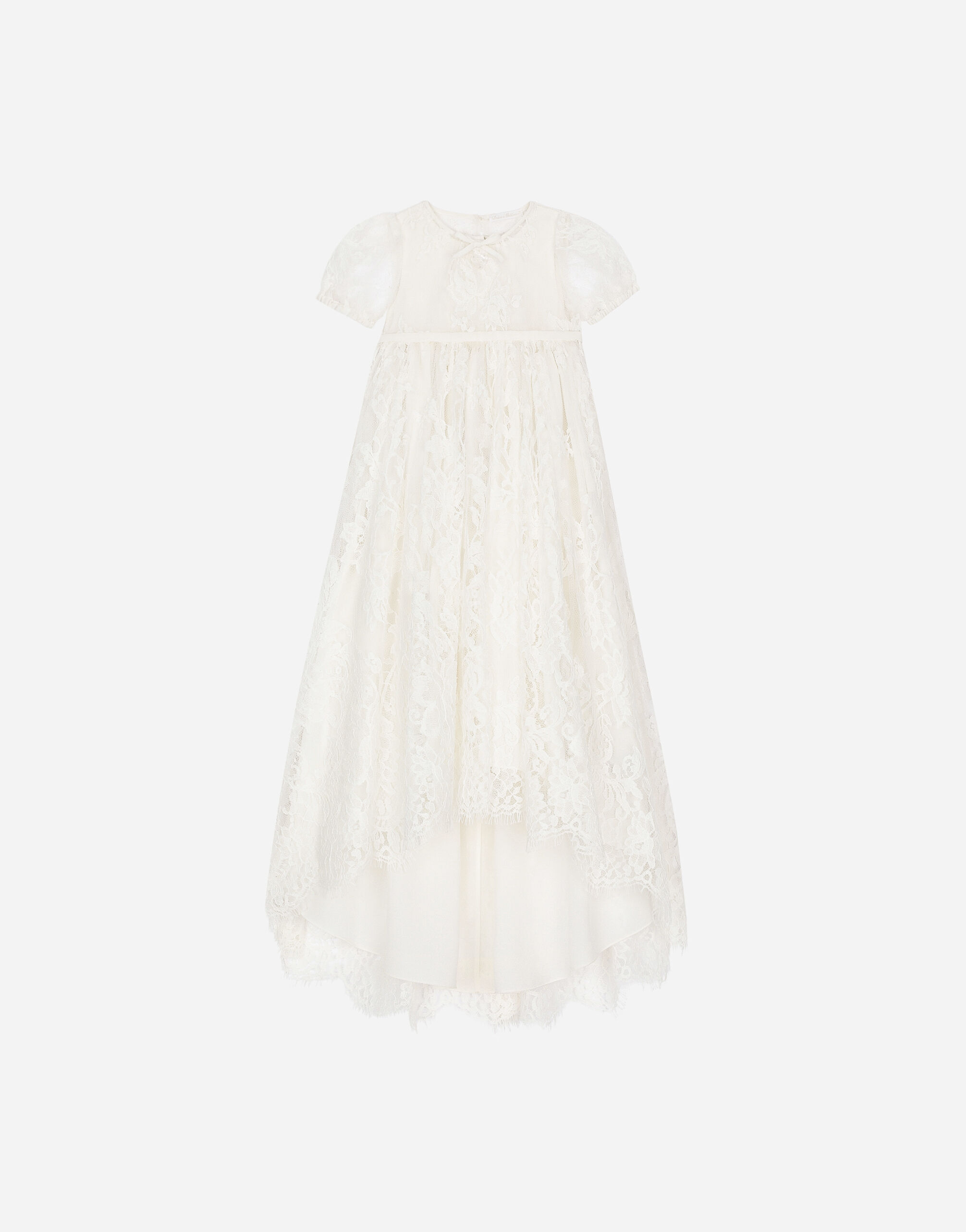 Dolce & Gabbana Taufkleid im Empire-Stil aus Chantilly-Spitze mit Rankenmuster und kurzem Arm Weiss L0EGG2FU1L6