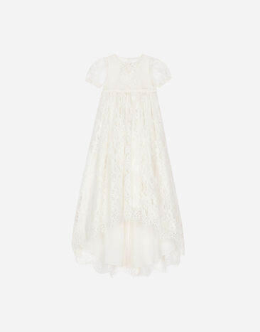 Dolce & Gabbana 라마지 패턴 샹티이 레이스로 제작한 반소매 유아세례 엠파이어 드레스 화이트 L0EGG2FU1L6