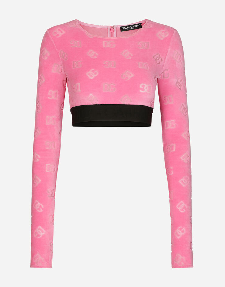 Dolce & Gabbana T-Shirt aus beflocktem Jersey mit DG-Logo allover Rosa F8S62TFJ7DL