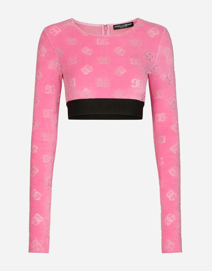 Dolce & Gabbana T-Shirt aus beflocktem Jersey mit DG-Logo allover Rosa F8S62TFJ7DL
