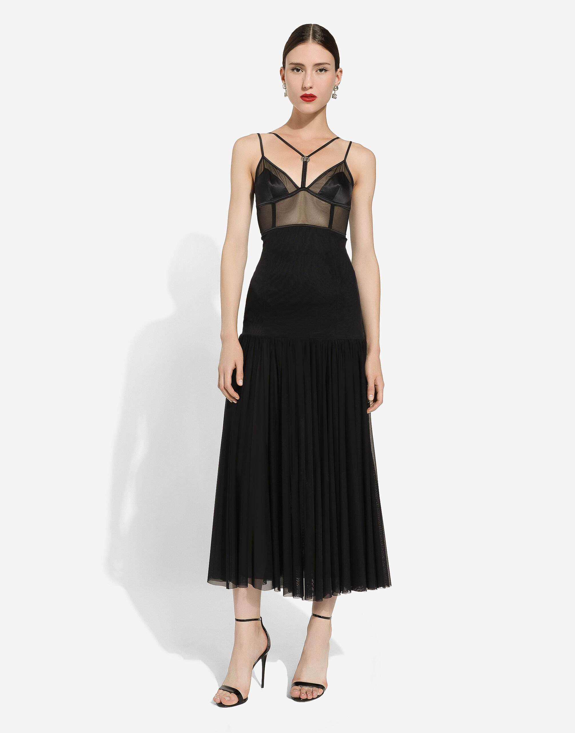 Tulle midi dress with lingerie details and the DG logo in Black for Women Dolce Gabbana