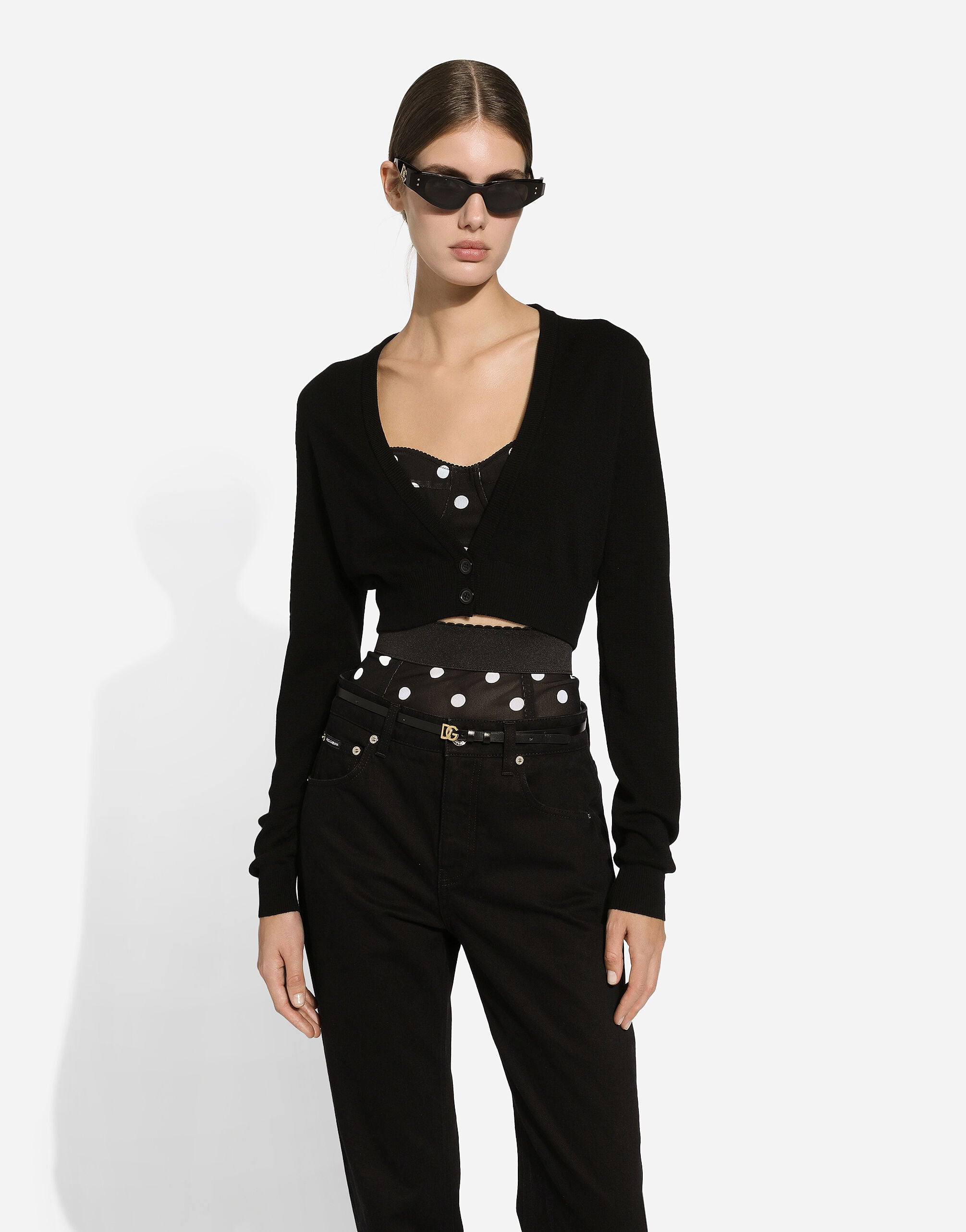 Wool cardigan with plunging necklace in Black for Women
