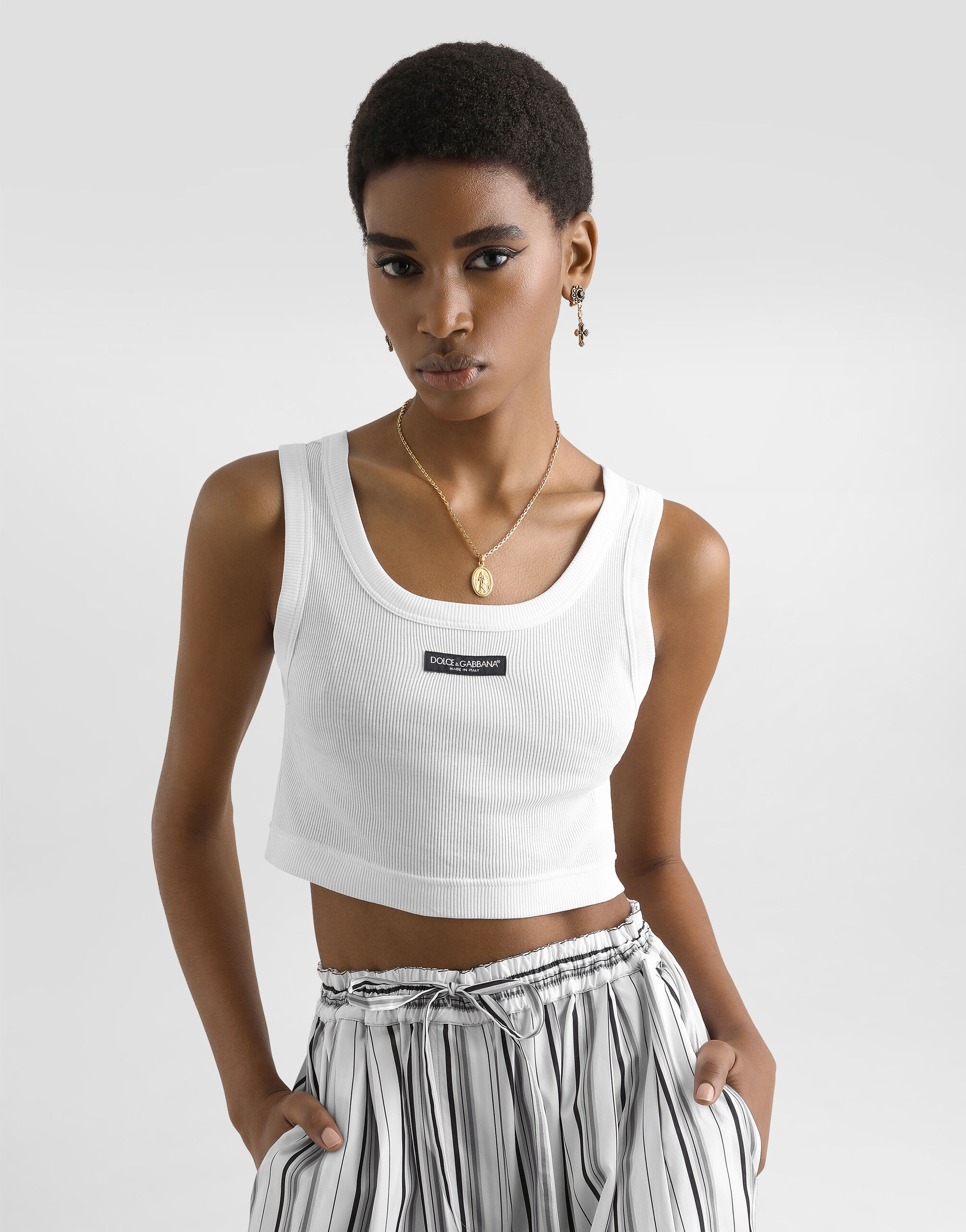 Ribbed cropped tank top in White for Women | Dolce&Gabbana®