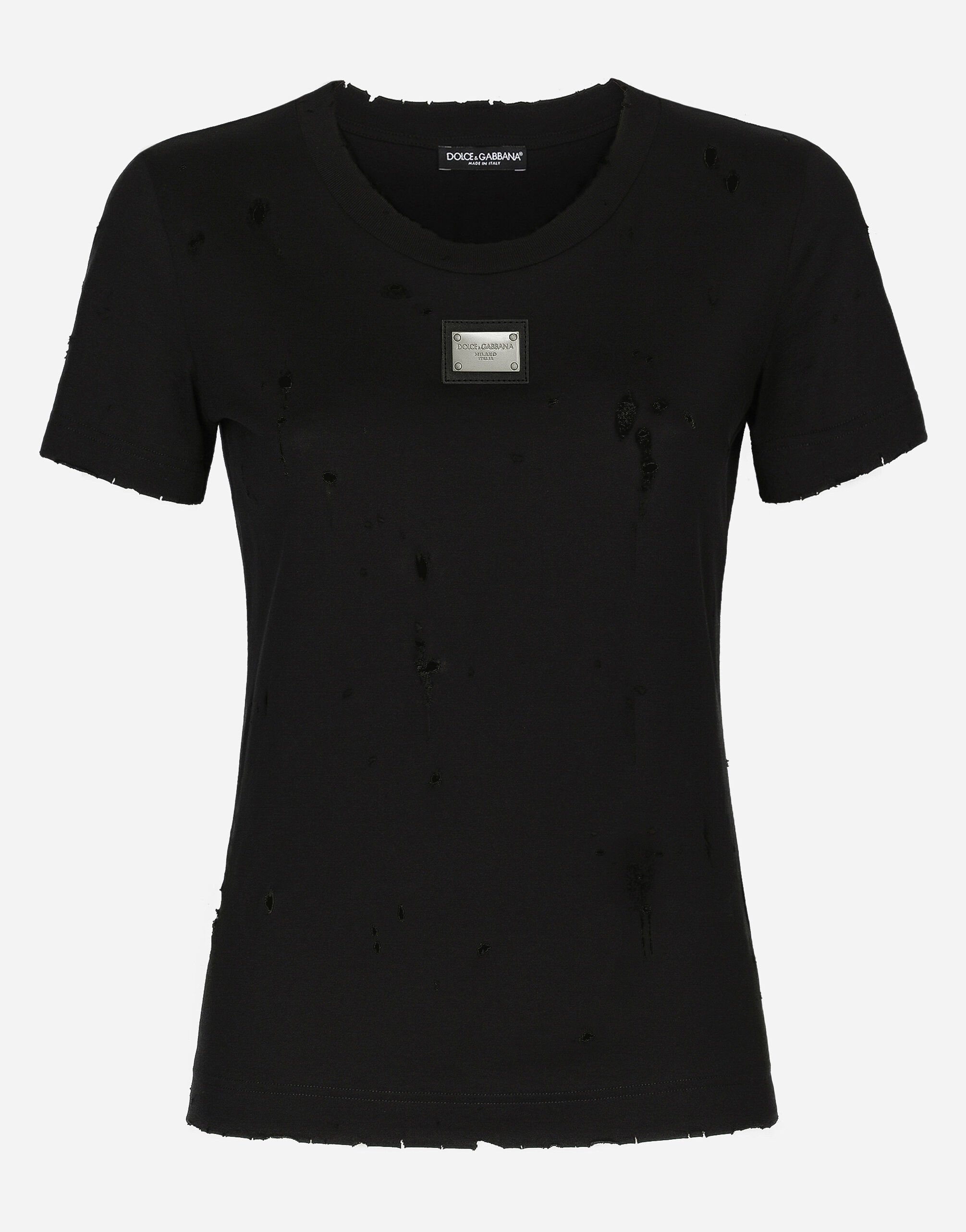 Dolce & Gabbana Jersey T-shirt with rips and Dolce&Gabbana tag Black F8R52TFJ7DM