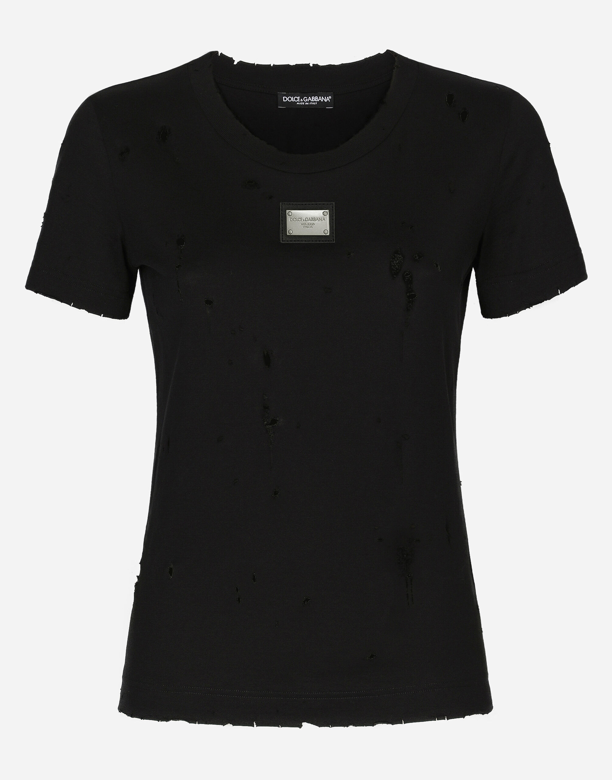 Dolce & Gabbana Jersey T-shirt with rips and Dolce&Gabbana tag Black F8R52TFJ7DM