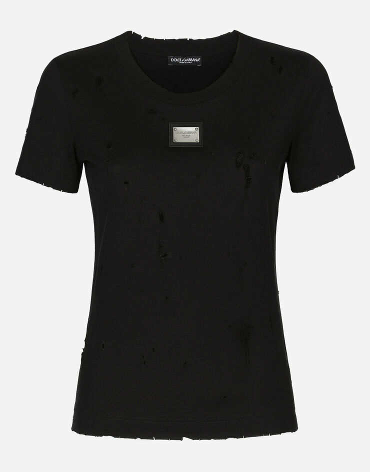 Dolce&Gabbana T-shirt in jersey con rotture e placca Dolce&Gabbana Black F8T00TG7H4U