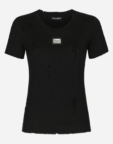 Dolce & Gabbana Jersey T-shirt with rips and Dolce&Gabbana tag Black F9L05ZG7EJ2