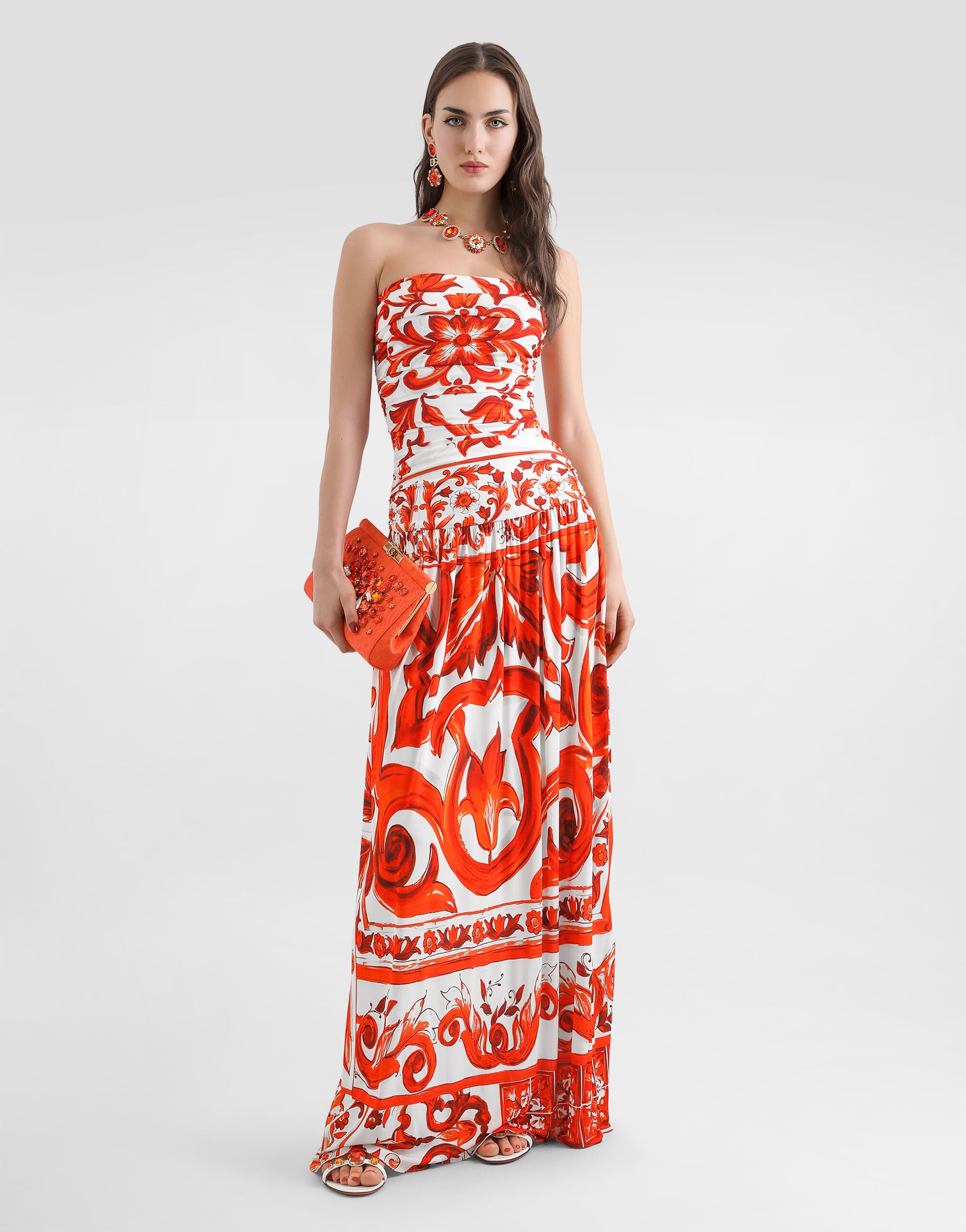 Majolica-print organzine long dress in Multicolor for Women
