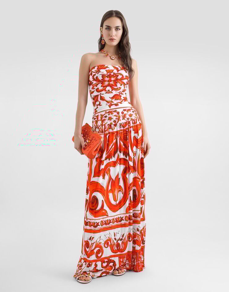 Dolce & Gabbana Vestido largo en organza con estampado de mayólica Multicolor F614VTFS8DR