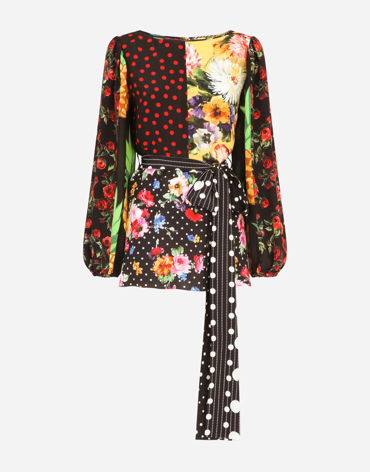 Dolce & Gabbana Long-sleeved patchwork crepe de chine blouse with belt BLUE F75E3TGDY58