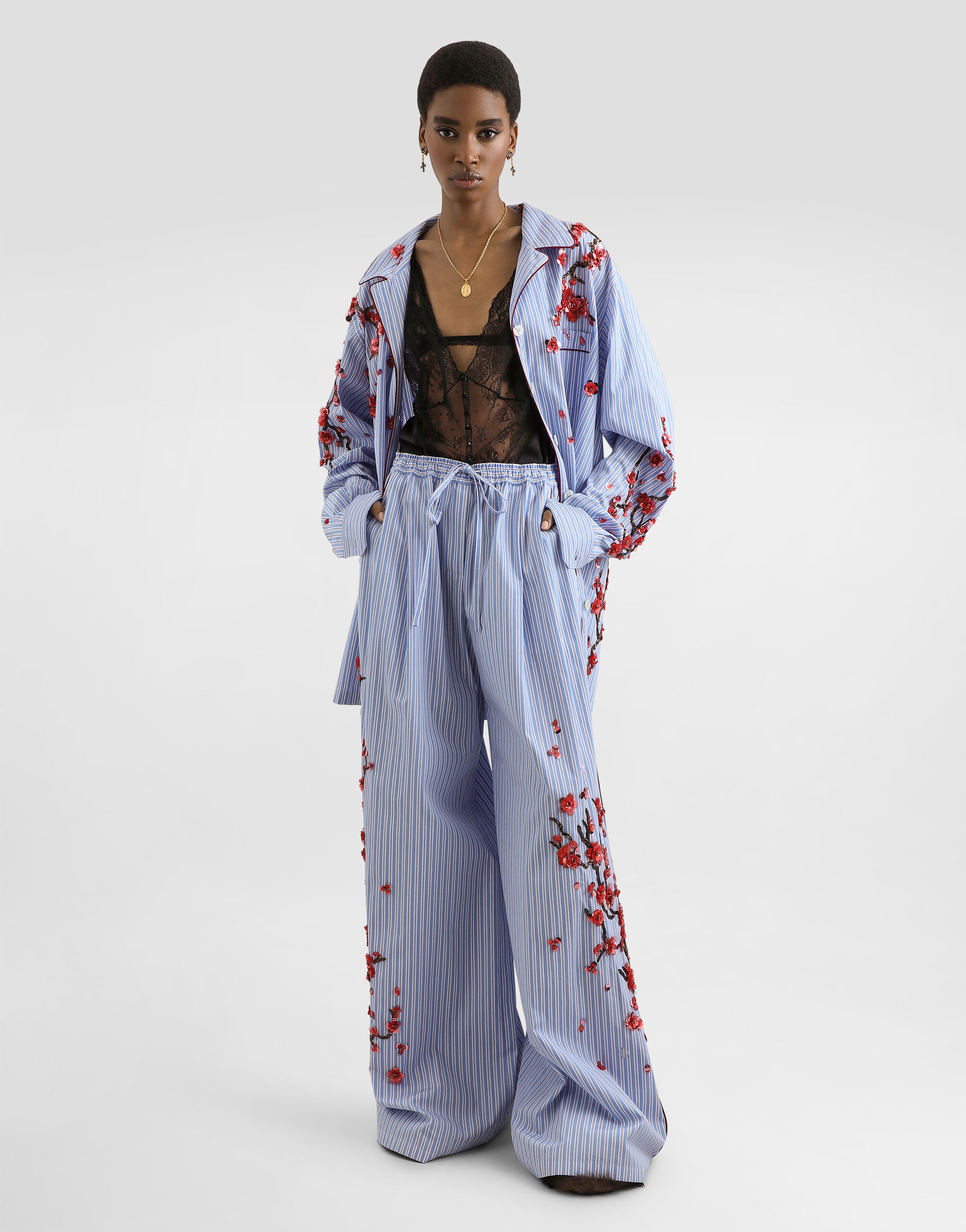 Poplin trousers with cherry tree embroidery in Multicolor for