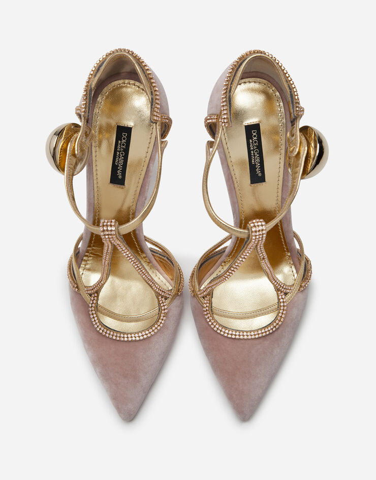 Dolce & Gabbana Velvet t-straps shoes with decorative button CIPRIA/ORO CD1447AJ700
