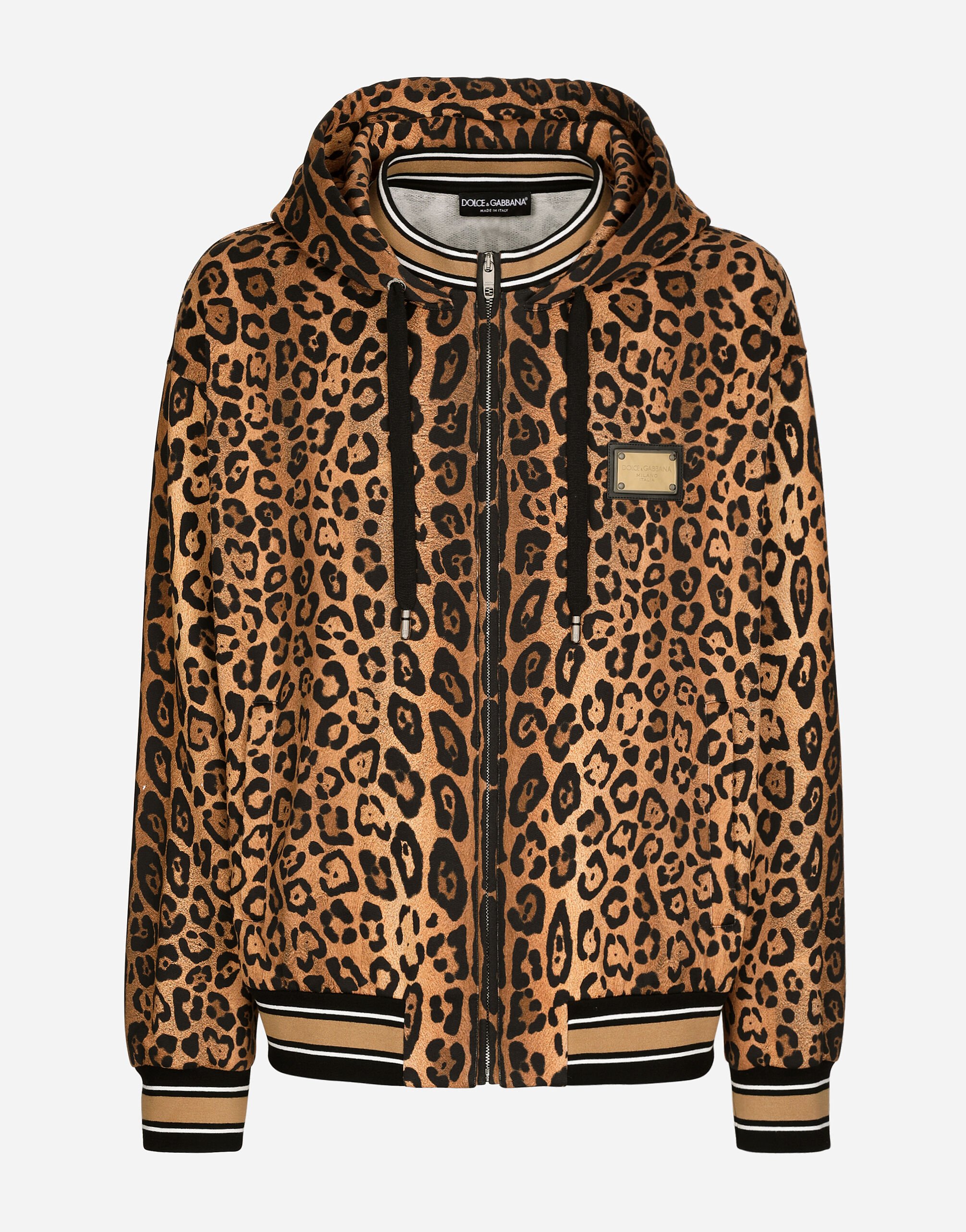 Dolce & Gabbana Sudadera con capucha y crespo estampado leopardo con placa Estampado G9AQVTHI7X6