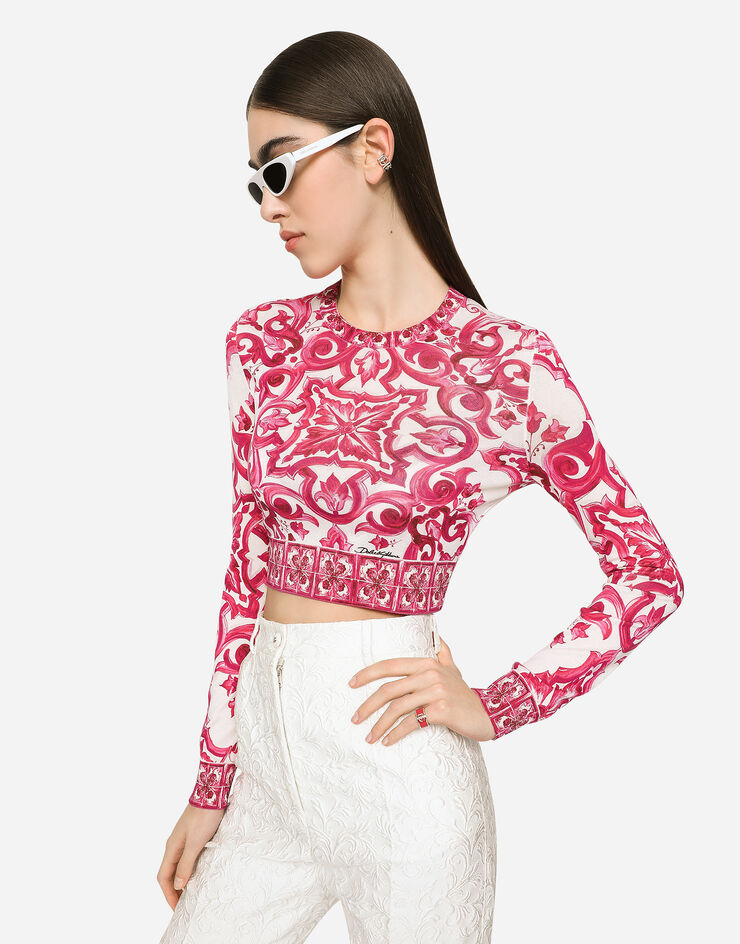 Dolce&Gabbana Укороченный джемпер из шелка с принтом майолики разноцветный FXL36TJAHJO