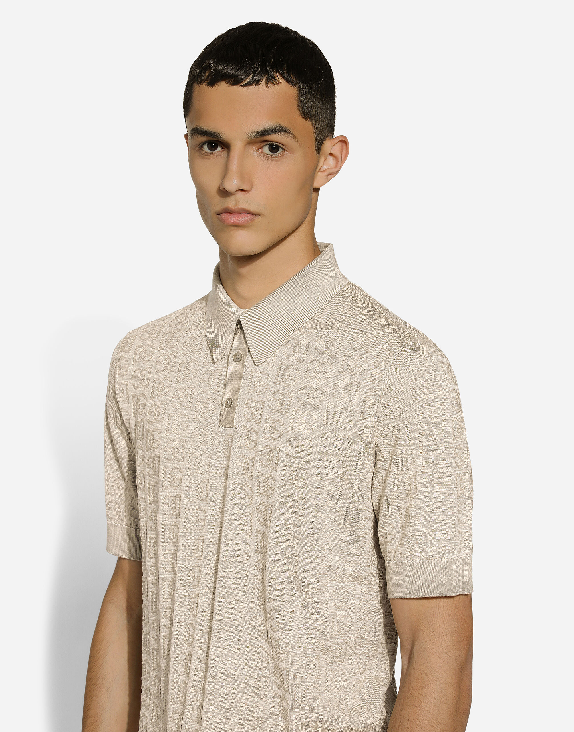 Silk jacquard polo-shirt with DG logo in Beige for Men