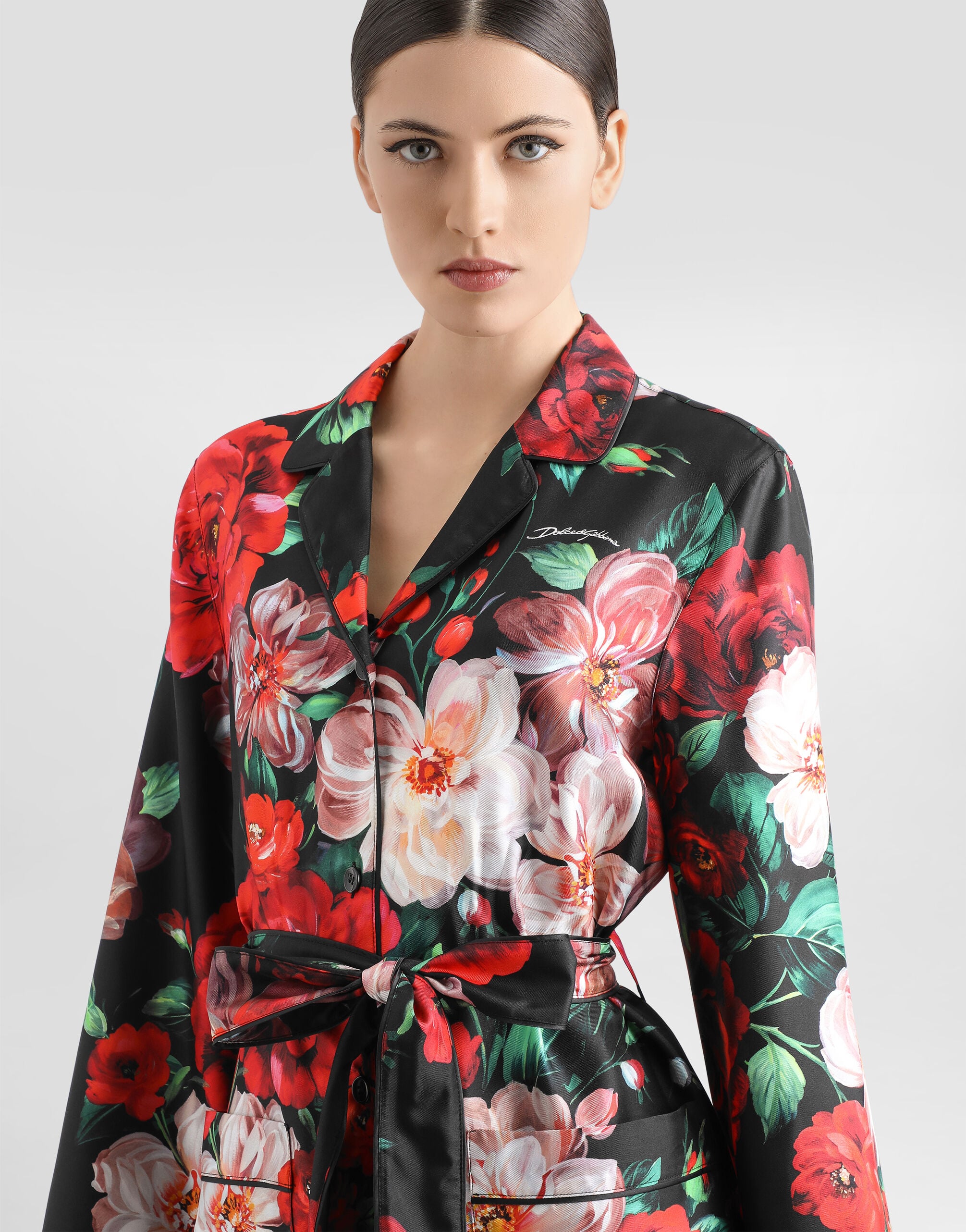 Long-sleeved twill pajama shirt with rose print in Print for Women