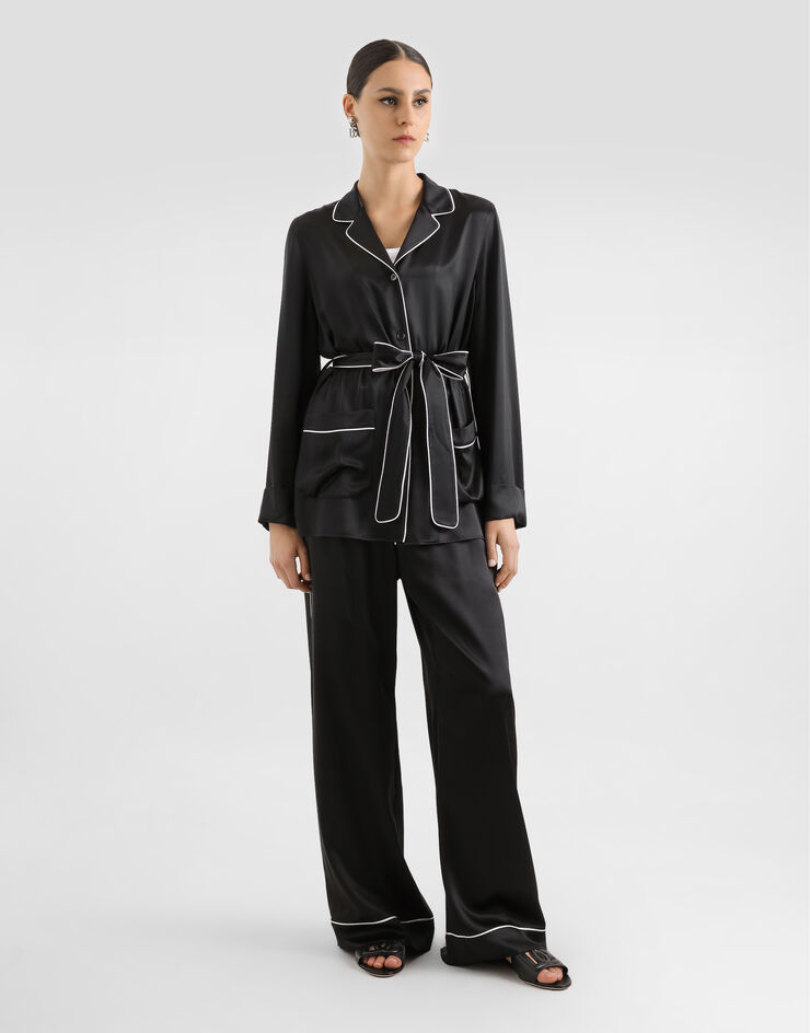 Dolce & Gabbana Silk pajama shirt with contrasting piping Black F5N53TFU1AU