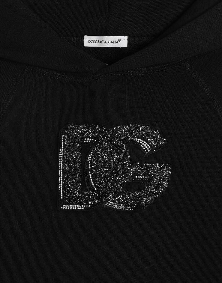 Dolce & Gabbana Oversized hooded sweatshirt with logo and rhinestones Black L5JWCBG7PHM