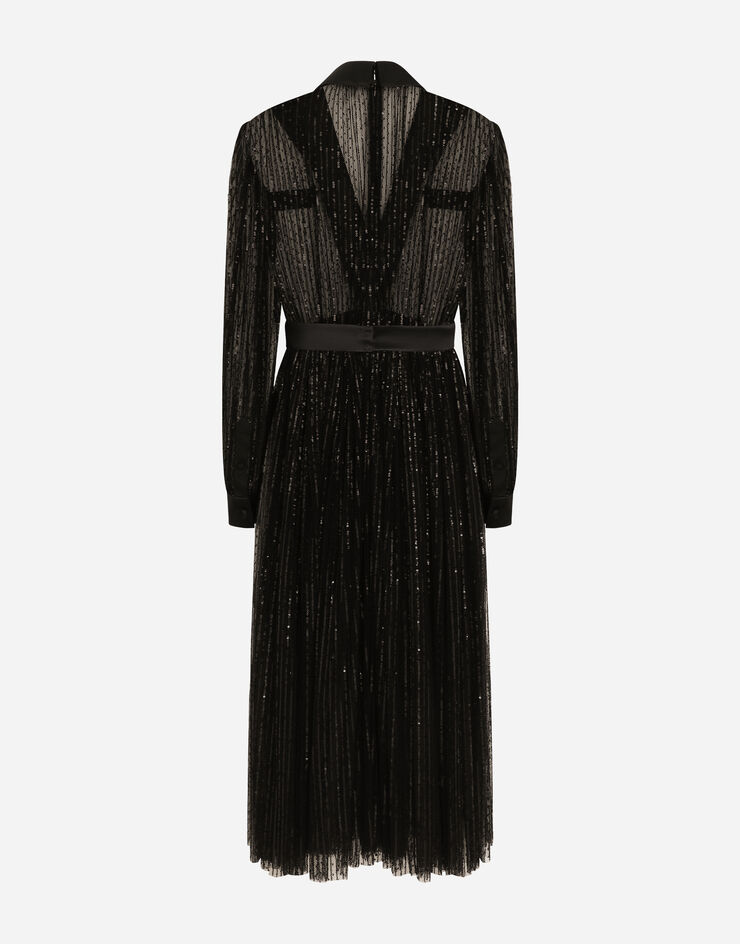 Dolce & Gabbana Longuette-Hemdblusenkleid im Smokingstil aus paillettenbesetztem Tüll Schwarz F6JOKTILMA3