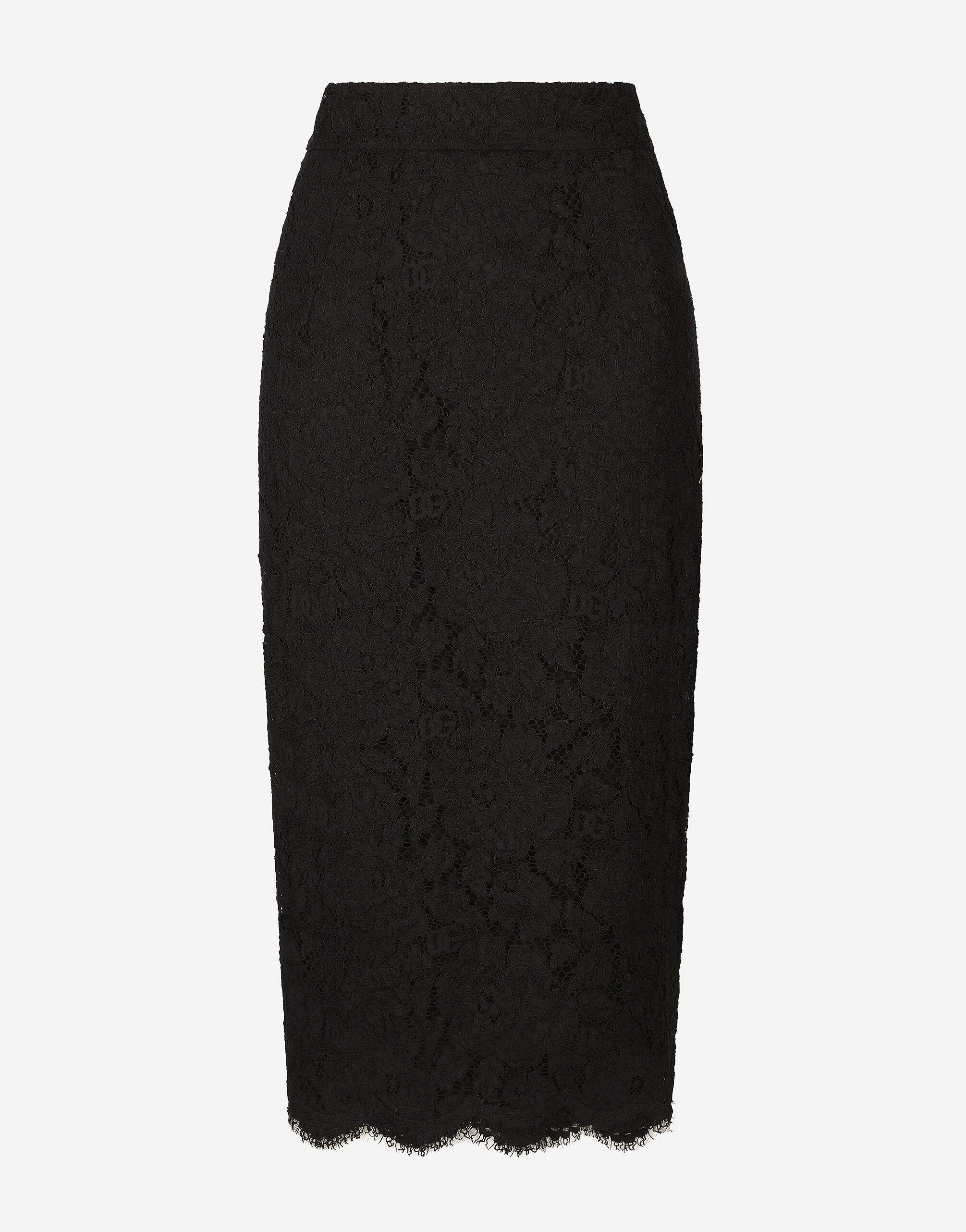 Dolce & Gabbana Jupe midi en dentelle stretch à logo Doré WNN6P3W1111