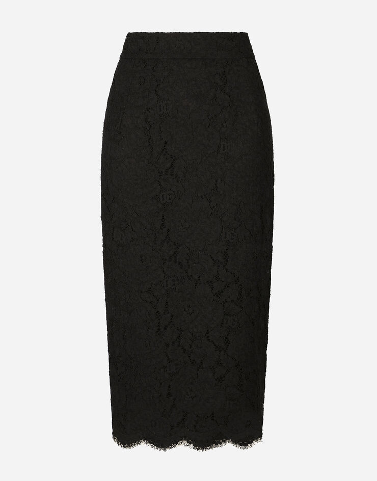 Dolce & Gabbana Jupe midi en dentelle stretch à logo Noir F4B7ITFLRE1