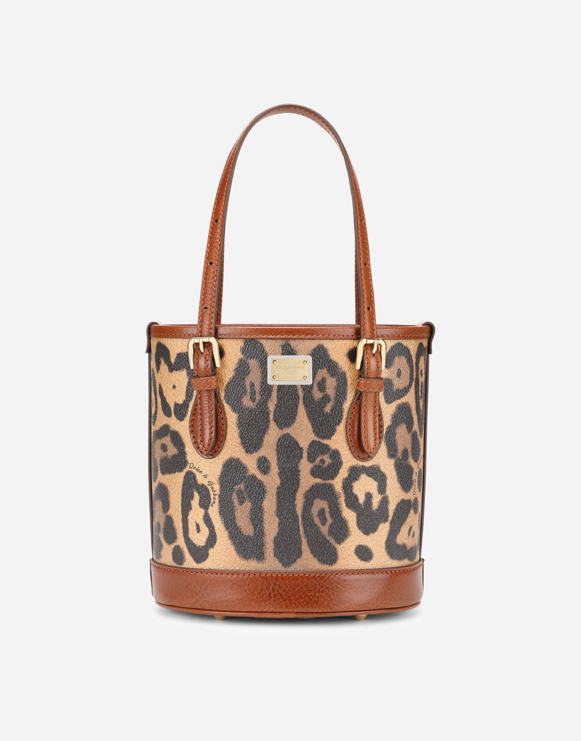 Dolce & Gabbana Small bucket bag in leopard-print Crespo with branded plate Brown BB7116A8N23