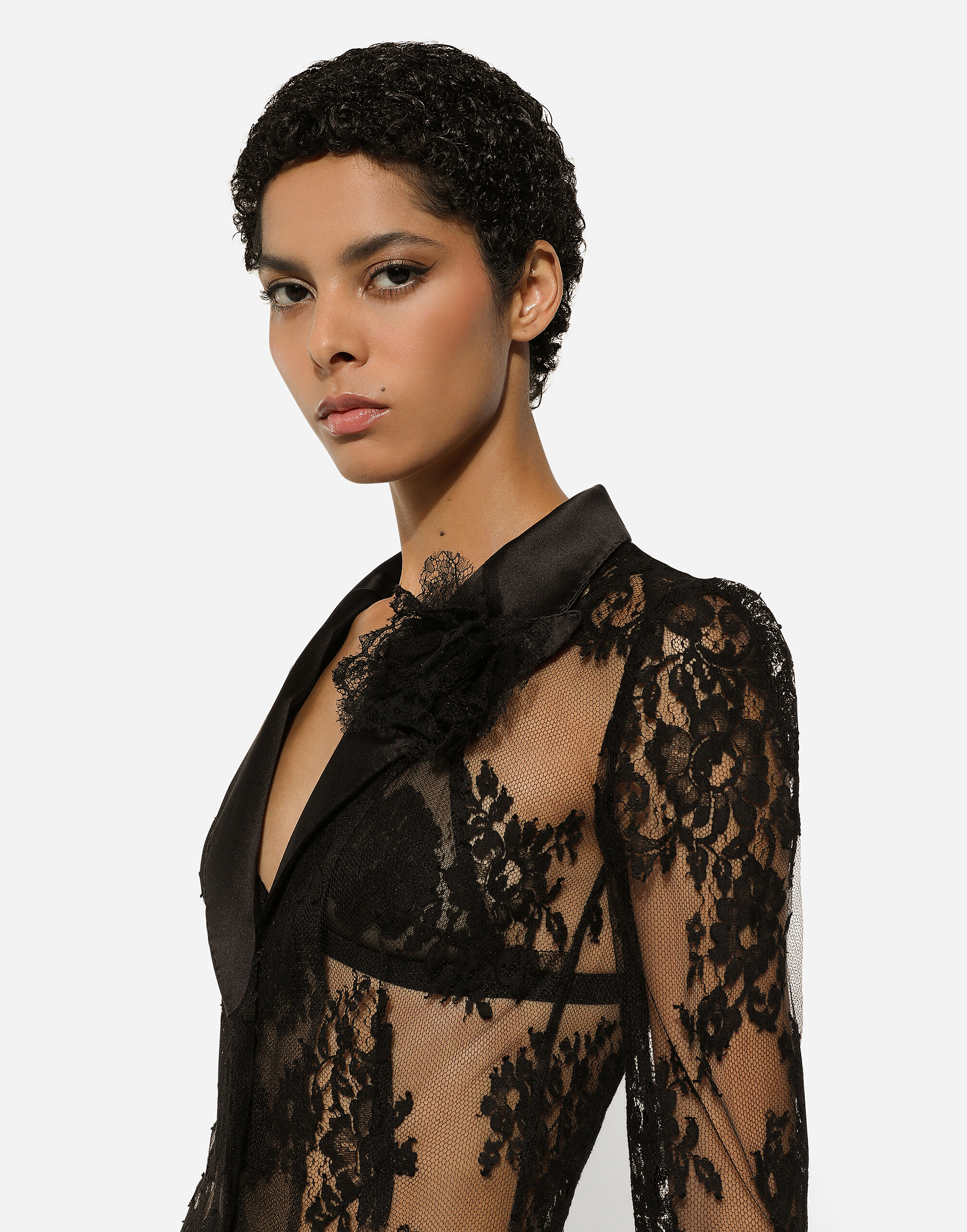 Giacca in pizzo floreale con dettagli in raso in Nero da Donna Dolce Gabbana