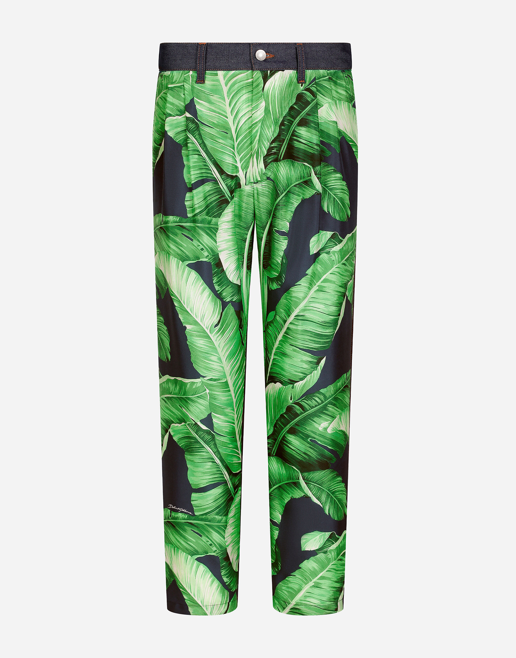 Dolce & Gabbana Loose blue denim and silk jeans with banana tree print Green G8RN8TG7K1T