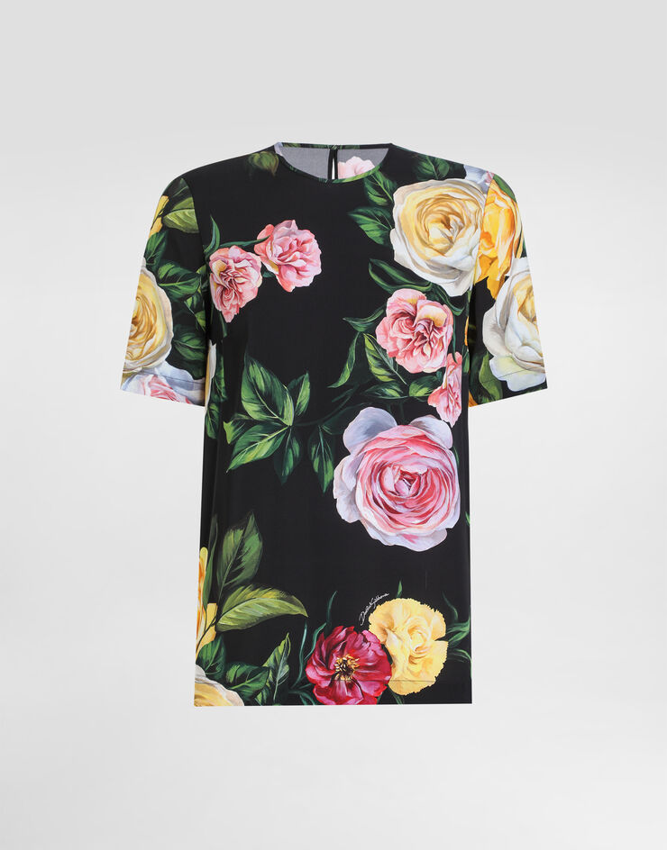 Dolce & Gabbana Bluse aus Seidencharmeuse Pfingstrosen- und Rosenprint Drucken F7AO2TFSA7B