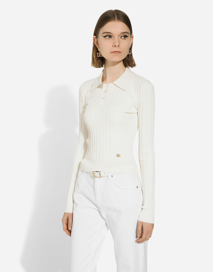 Dolce & Gabbana Cropped ribbed viscose polo-shirt with DG logo White FXZ02TJDMA2