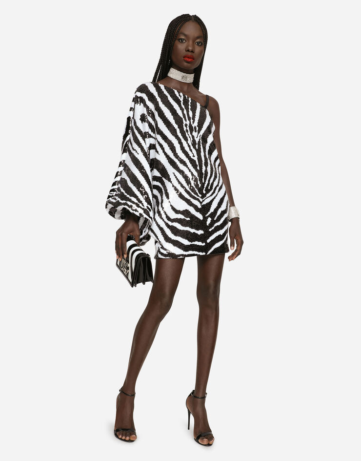 Dolce & Gabbana Short sequined one-shoulder dress with zebra print Multicolor F6AJDTFLSGH
