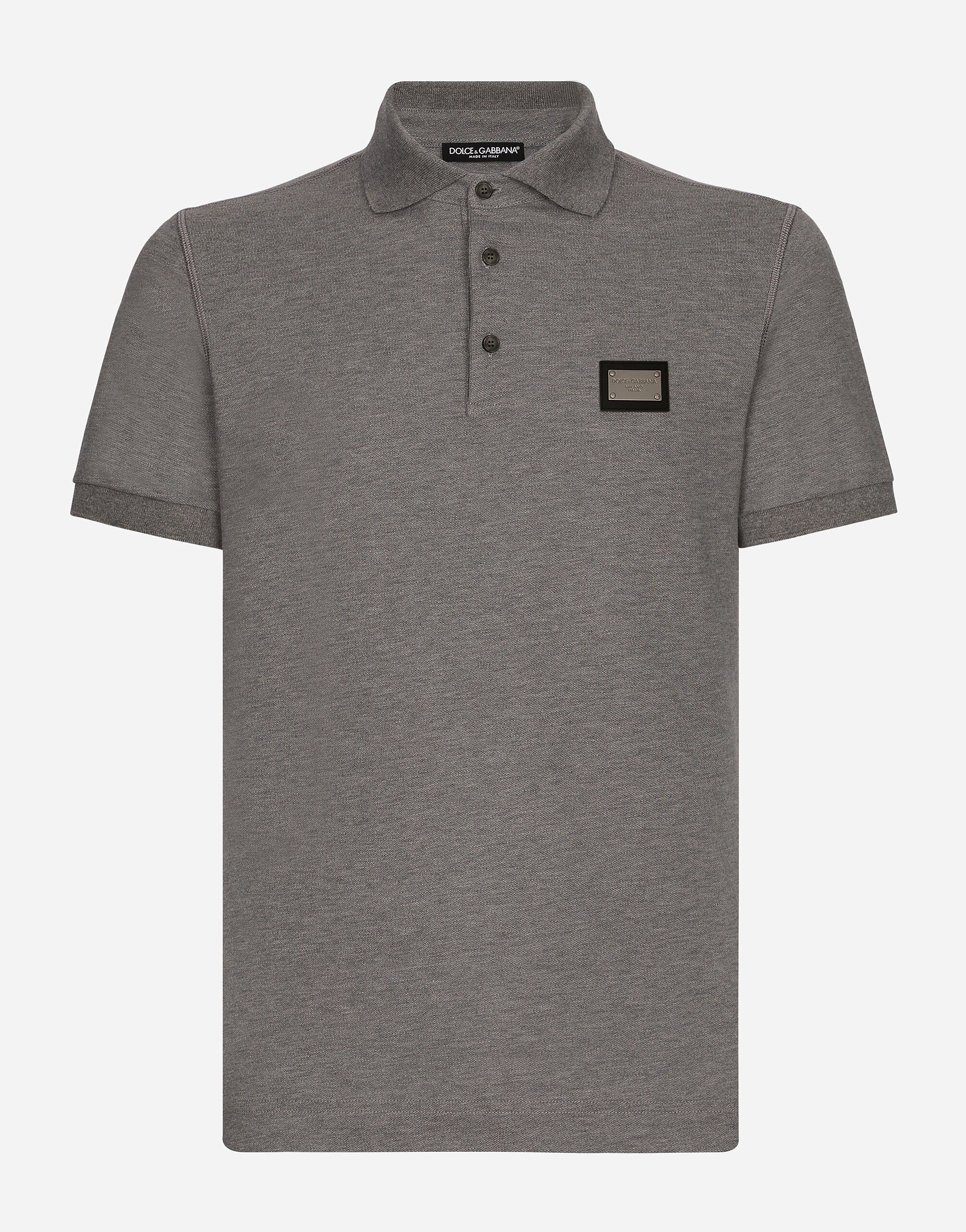 Cotton pique polo shirt with branded tag in Grey for Men Dolce Gabbana