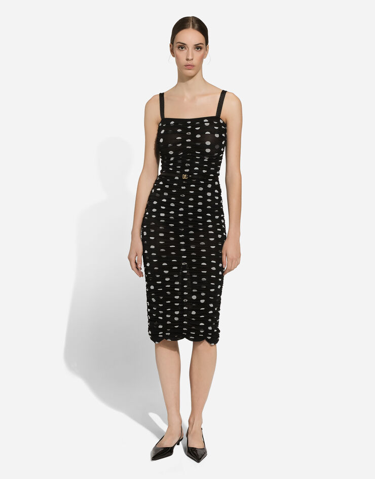 Dolce & Gabbana Tulle calf-length sheath dress with draping and polka-dot print Print F6JHXTFSRP7