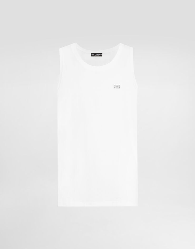 Dolce & Gabbana Oversize-Tanktop aus Baumwolle mit Plakette Weiss G8QJ5TG7N7A