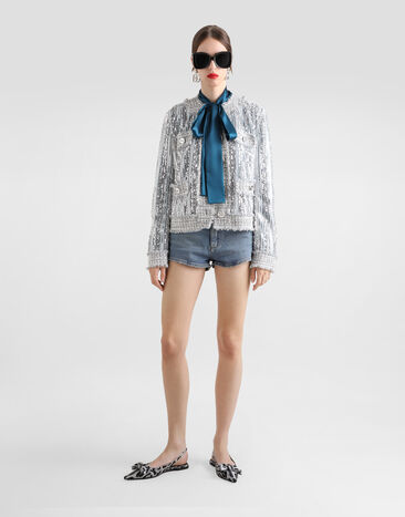 Dolce & Gabbana Silk satin shirt with pussy-bow Azure F5Q44TFU1UU