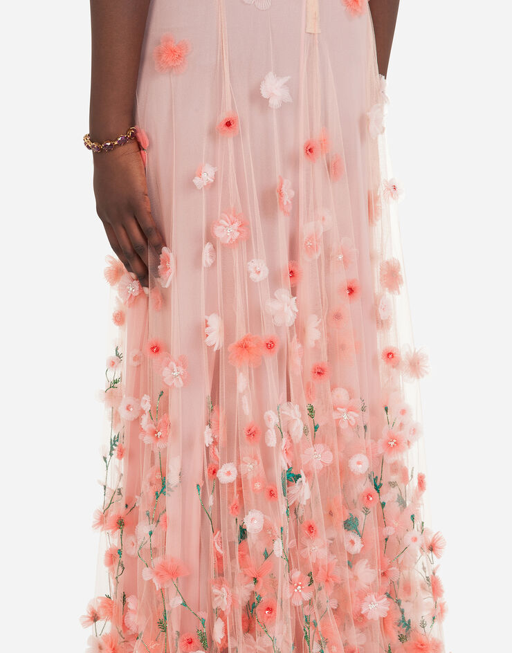 Dolce & Gabbana Long dress in tulle with sequins and mini hand-embroidered flowers Multicolor F6J2EZGD0J2