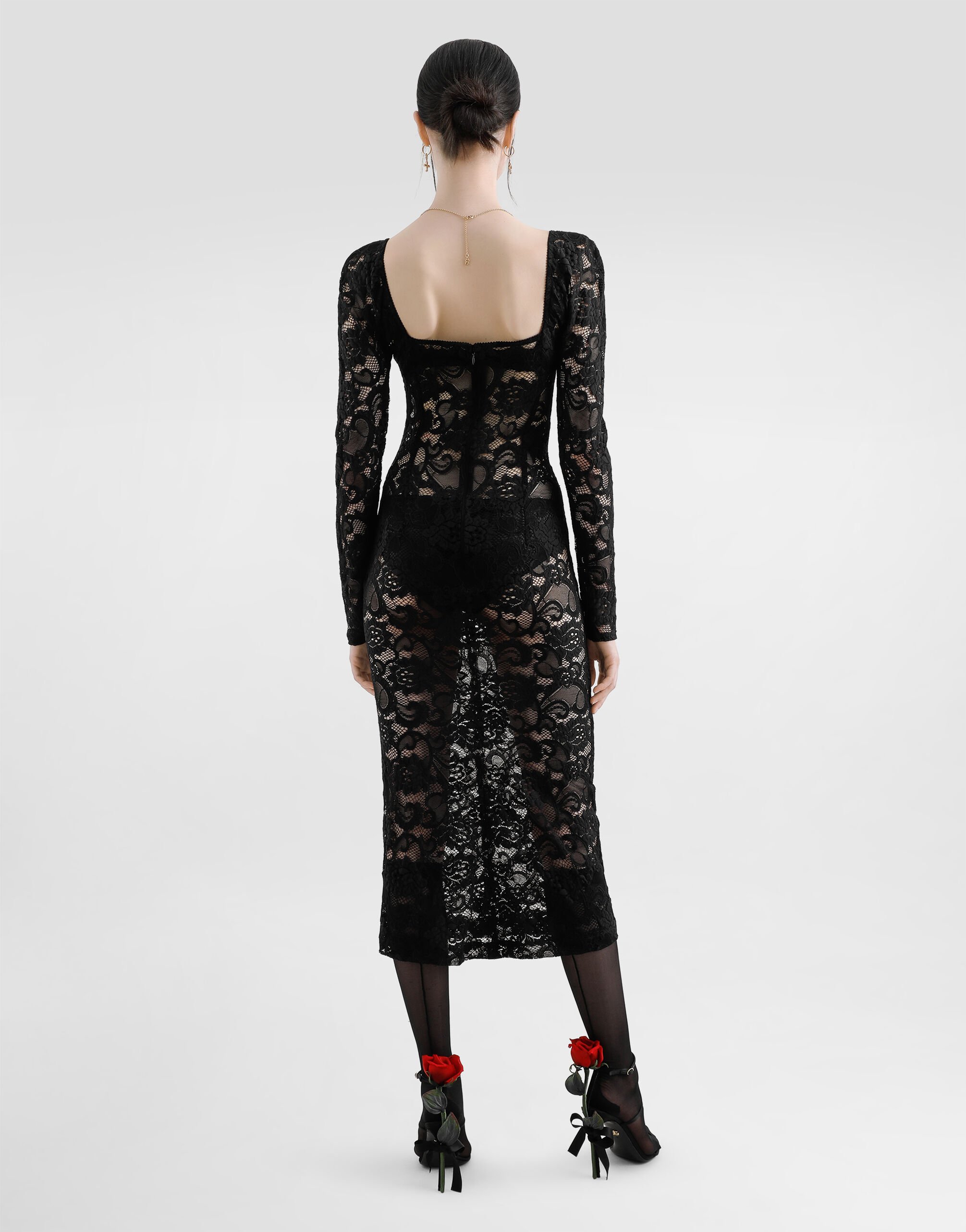 Calf-length floral lace dress with bra-style cups in Black