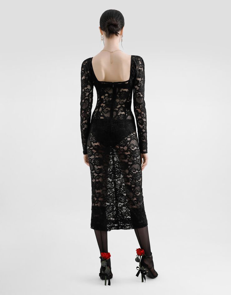 Dolce & Gabbana Longuette-Kleid aus floraler Spitze mit BH-Cups Schwarz F6JMRTFLUBV