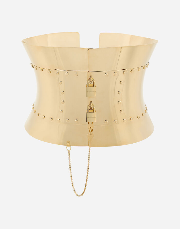 Rigid wide corset belt with padlocks in Gold for